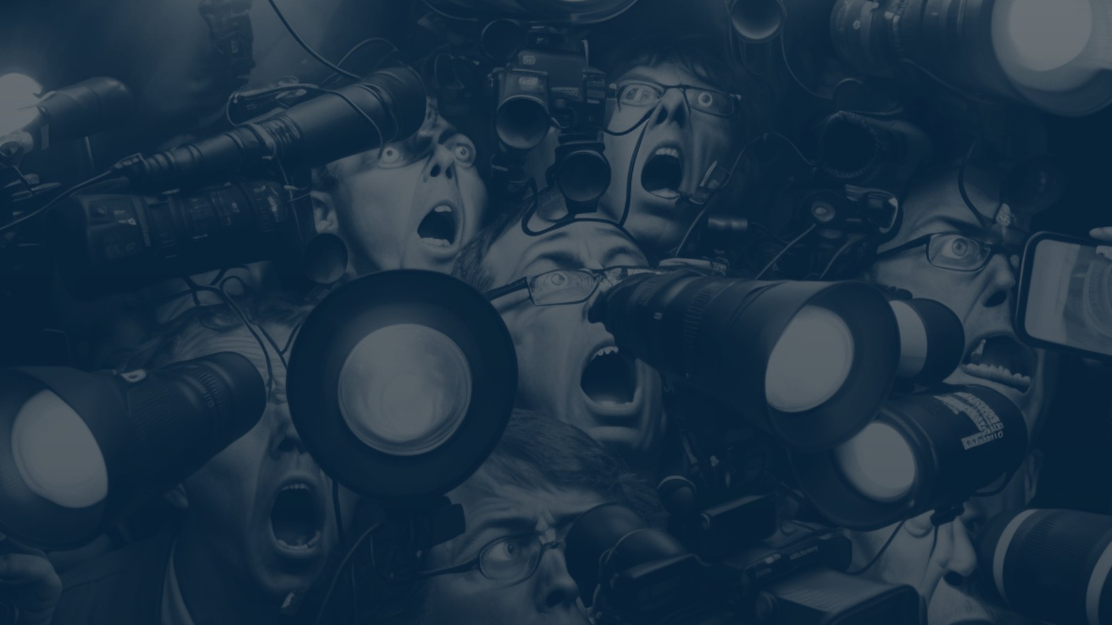 A scrum of press photographers and camera operators shouting, lenses and flashguns pointed straight at the viewer, navy duotone.