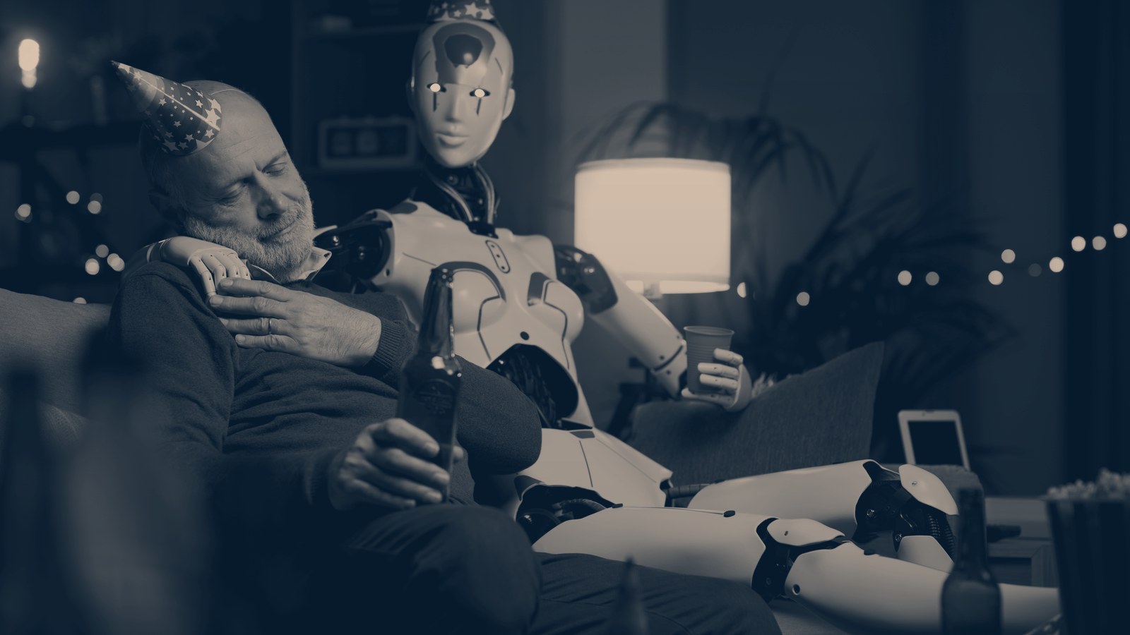 A man asleep on a sofa in a party hat with a humanoid robot beside him holding a drink, navy duotone.